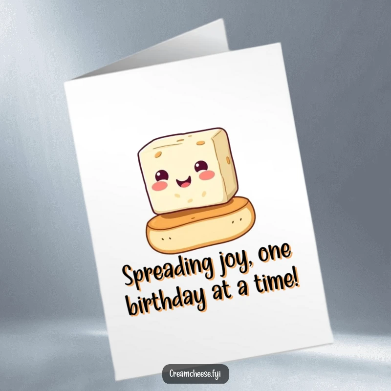 Funny Free Printable Birthday Card featuring a smiling cream cheese cube precariously balanced on a bagel, ready for a laugh.