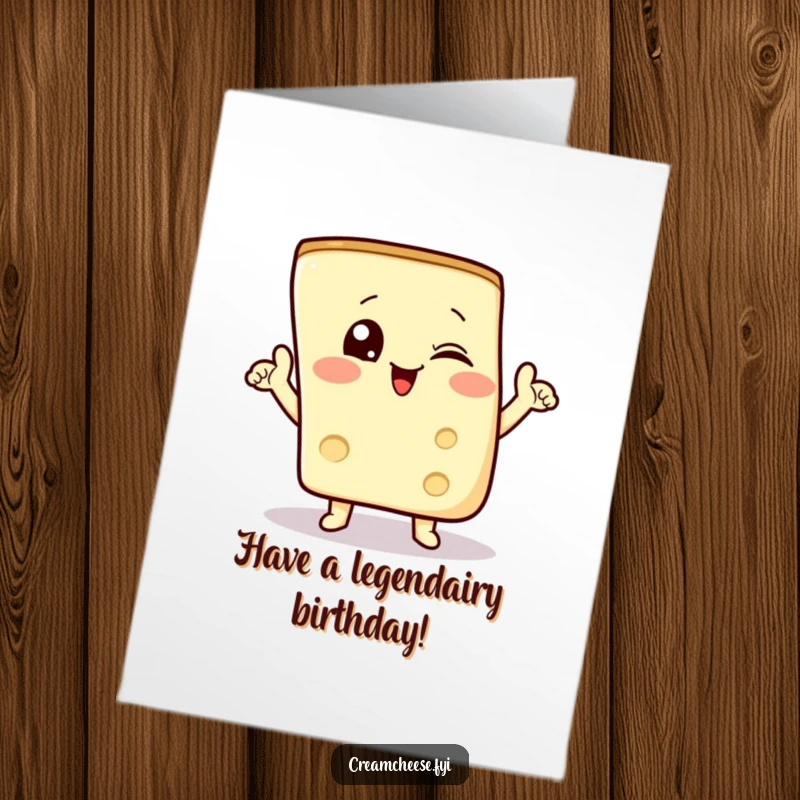 Funny Free Printable Birthday Card: Winking cream cheese wedge strikes a triumphant pose, celebrating birthday joy.