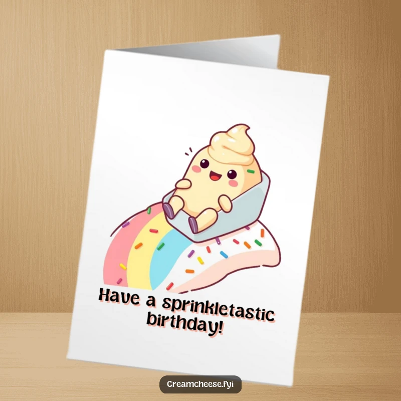 Funny Free Printable Birthday Card: Cream cheese tub gleefully slides down a rainbow sprinkle slope, embodying birthday fun.