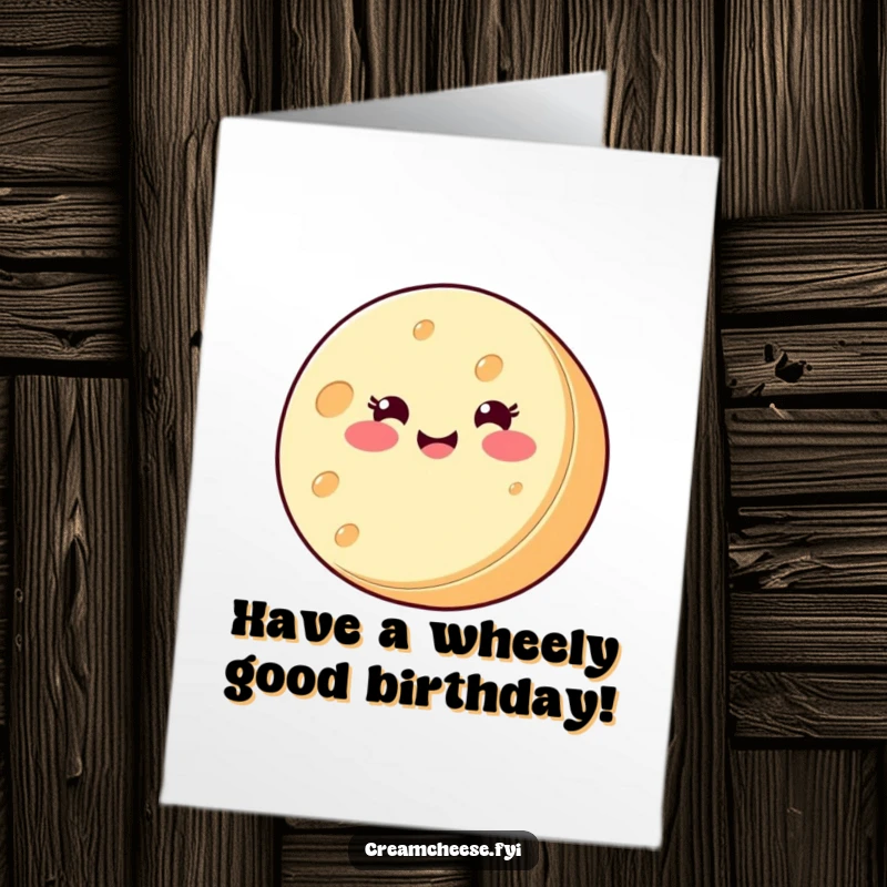 Funny Free Printable Birthday Card: A round cream cheese wheel with a smiling face joyfully spins on its side for a birthday.