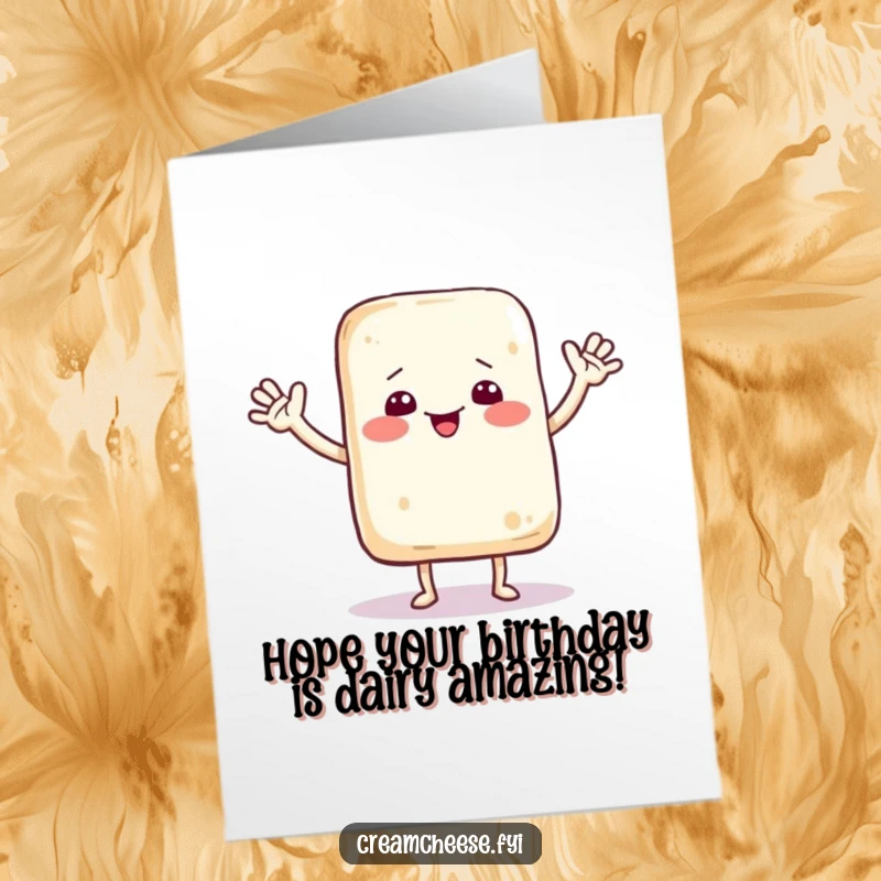 Funny free printable birthday card: a dancing cream cheese bag with arms waving hello to a friend, full of birthday cheer.