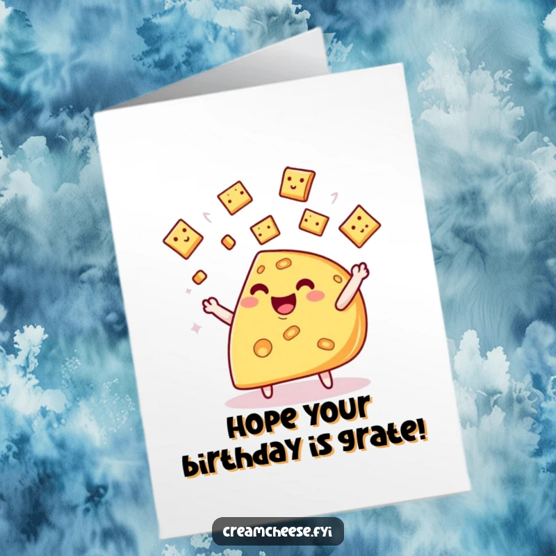 Funny Free Printable Birthday Card showcasing a happy cheese wedge juggling tiny crackers with delight.