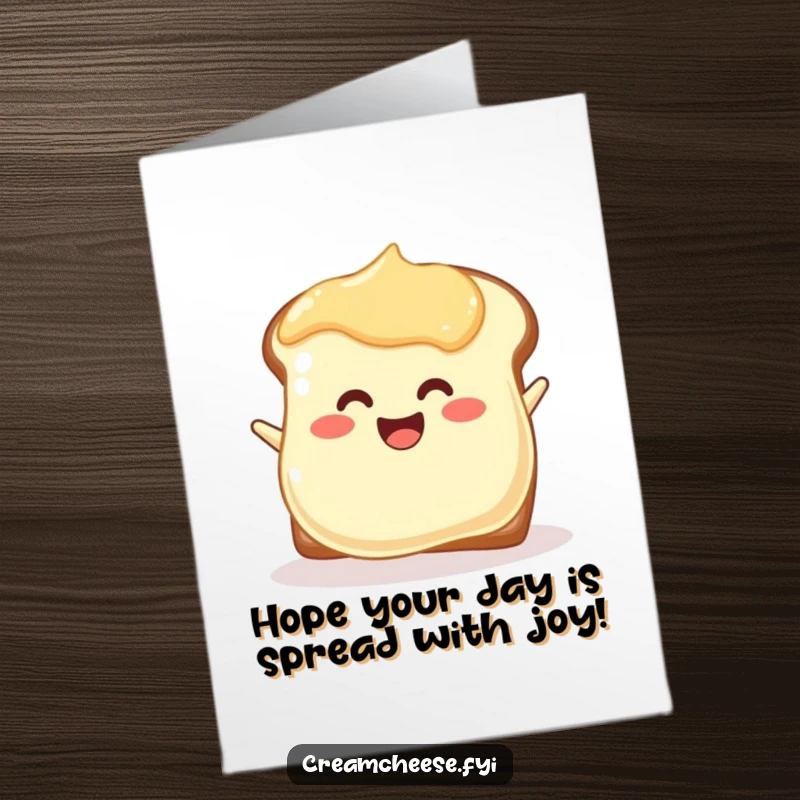 Funny free printable birthday card showing a cheerful cream cheese blob happily spreading itself on toast, a delicious and humorous design.