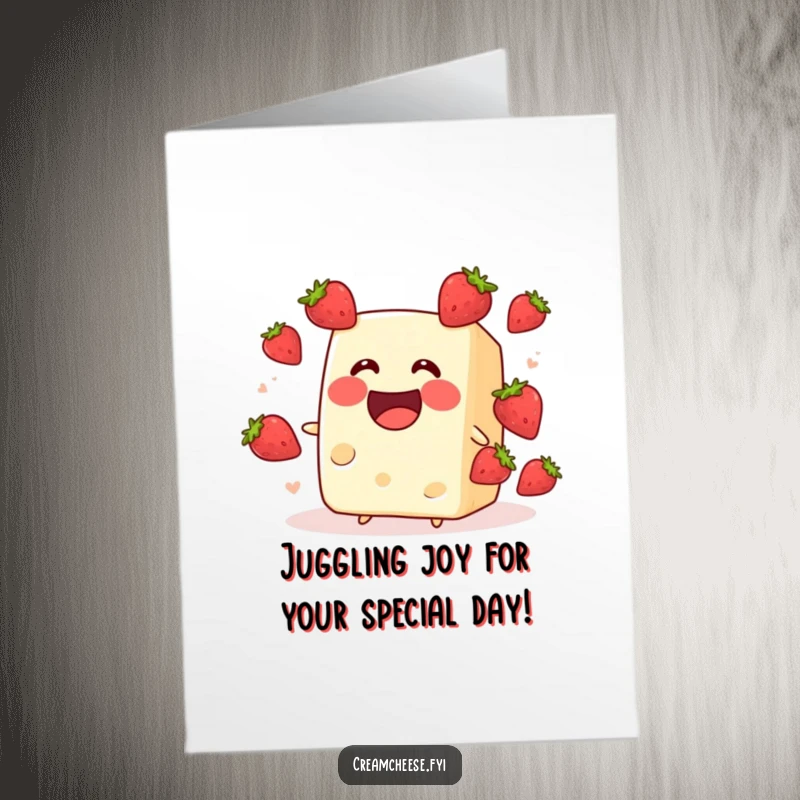 Funny Free Printable Birthday Card showing an excited cream cheese block juggling tiny strawberries with a wide grin, celebrating joyfully.