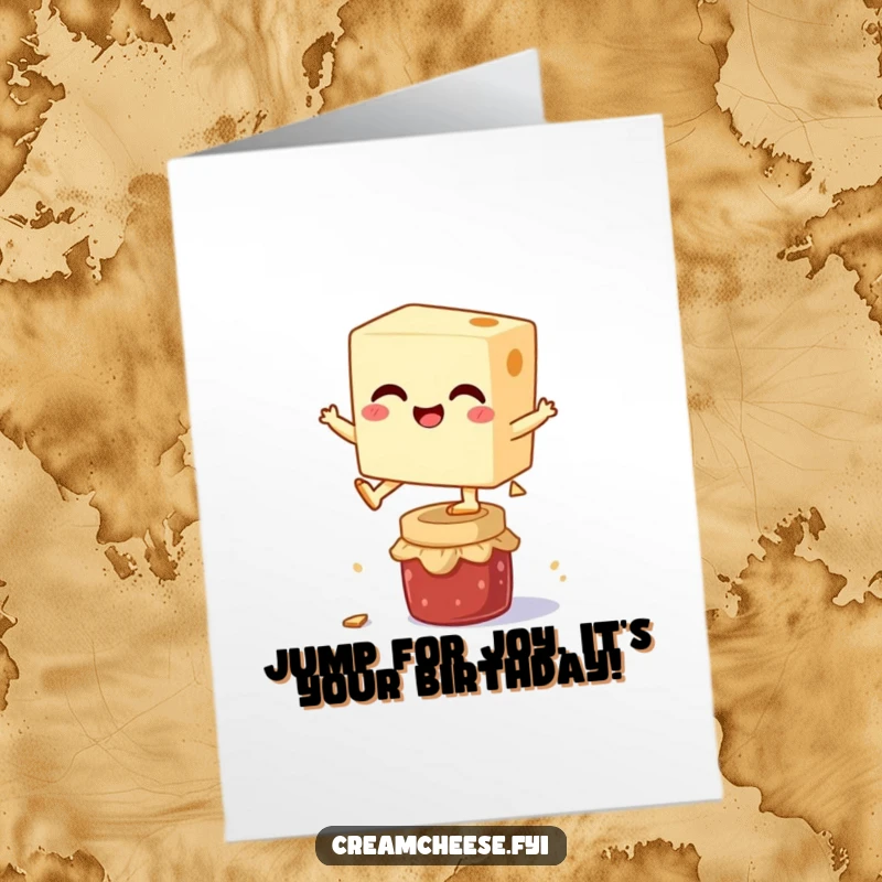 Funny Free Printable Birthday Card: Giggling cream cheese block leaps over jam, spreading downloadable birthday joy and cheesy fun.