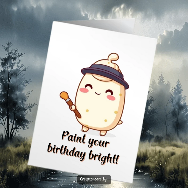 Funny Free Printable Cream Cheese Birthday Card, a stylized character holding a tiny paintbrush, ready to create birthday magic.