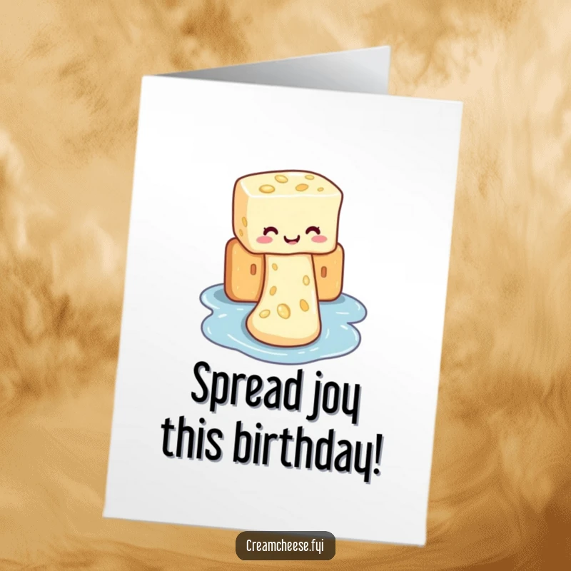 Funny Free Printable Birthday Card: Cream cheese character joyfully sliding down a cracker waterslide, spreading cheer.