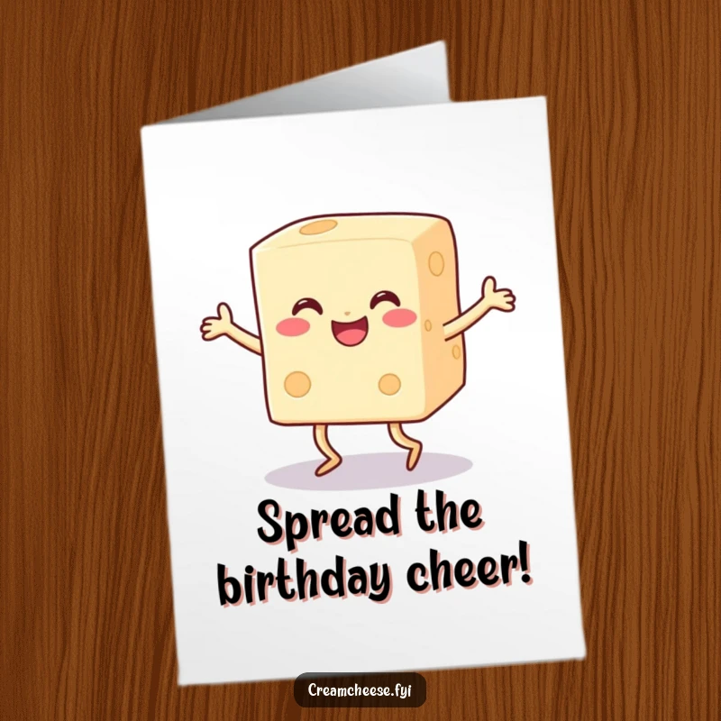 Funny free printable birthday card featuring a happy block of cream cheese with legs doing a joyful, energetic dance.