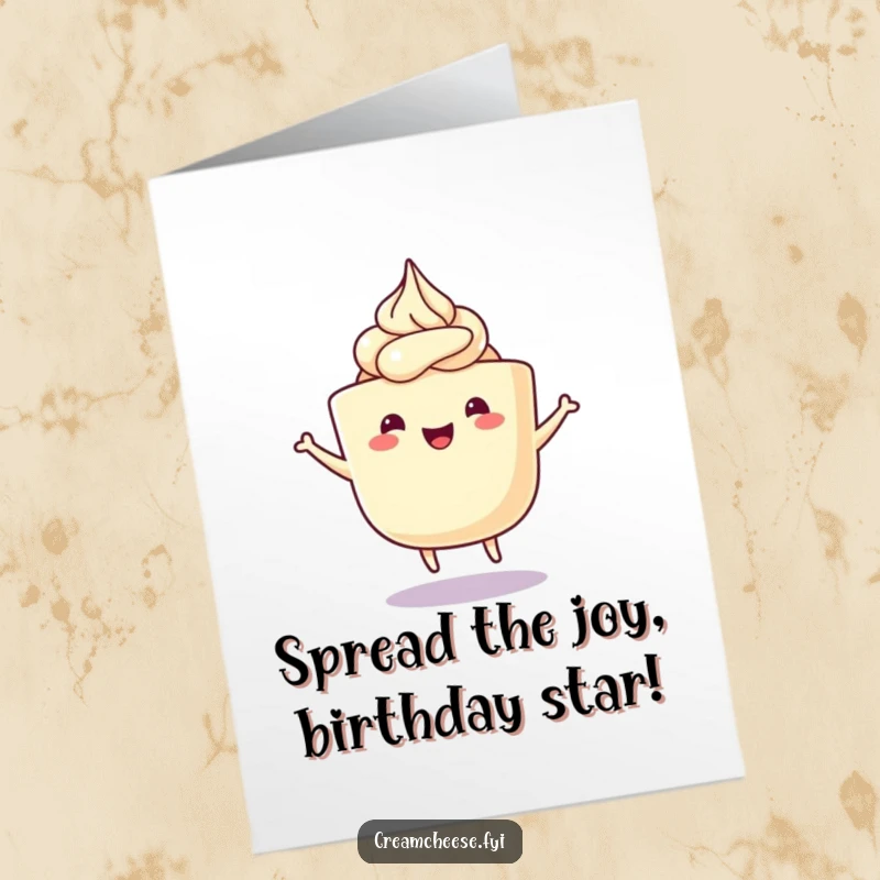 Funny Free Printable Birthday Card: A cream cheese tub with frosting doing a joyful wiggle dance, spreading birthday cheer.