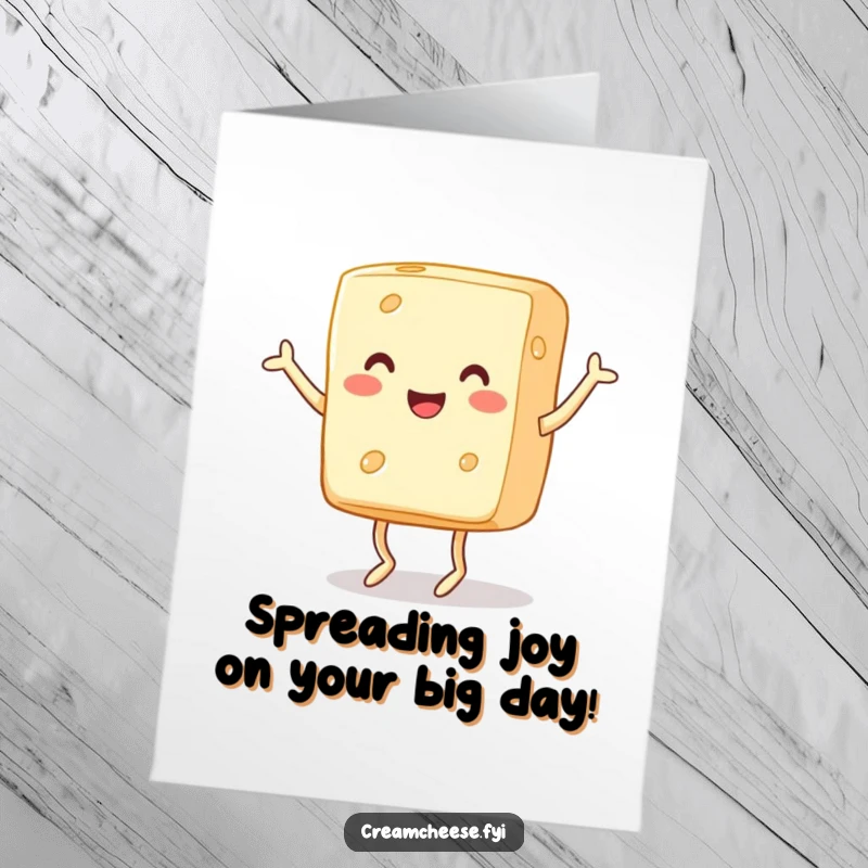 Funny Free Printable Birthday Card: A cheerful block of cream cheese with tiny legs joyfully dances a jig, celebrating a birthday.