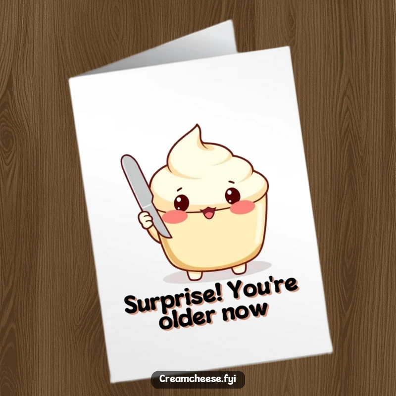 Funny Free Printable Birthday Card: A cream cheese spread looks surprised, lid ajar, holding a tiny knife, ready for a birthday toast.