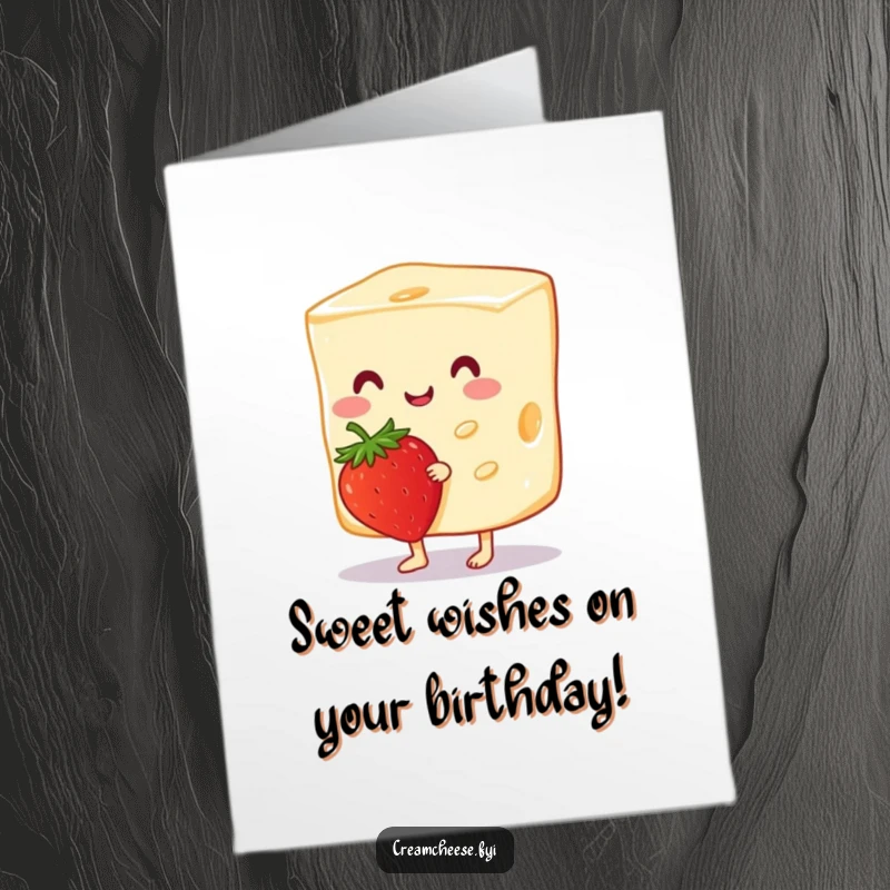 Funny Free Printable Birthday Card: A cheerful cream cheese slice tiptoes playfully alongside a ripe strawberry.