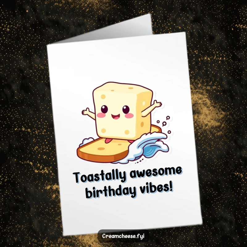 Funny Free Printable Birthday Card: Smiling cream cheese block surfs a toast wave, bringing cheesy birthday cheer and downloadable fun.