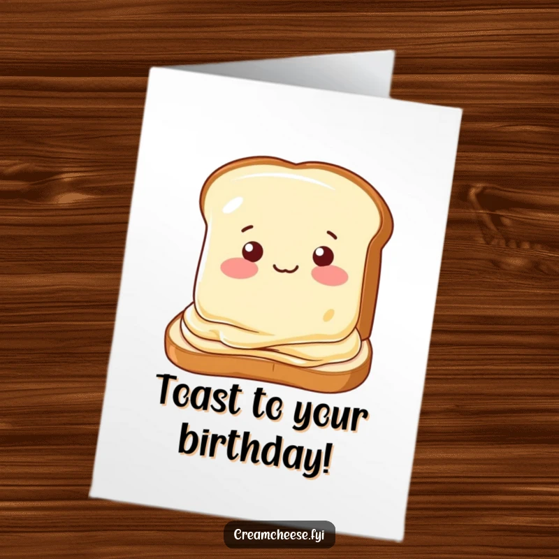 Funny Free Printable Birthday Card: Cream cheese slice winking playfully as it is spread on a piece of toast.