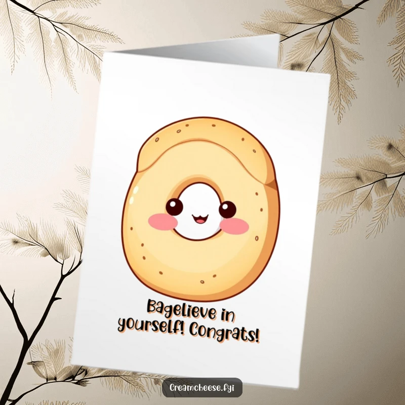 Funny Free Printable Congratulations Card: A shy wedge of cream cheese with rosy cheeks peeks from behind a bagel, celebrating an achievement.