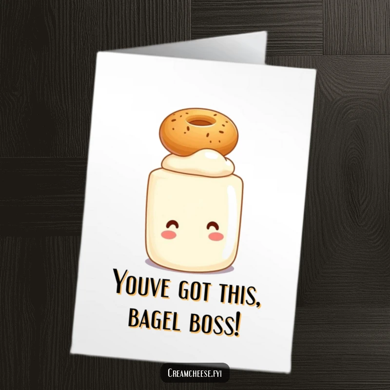 Funny Free Printable Congrats Card: Cream cheese tub character smiling while expertly balancing a tiny bagel on its head.