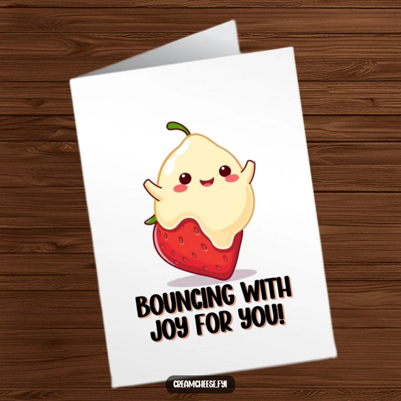 Funny Free Printable Congratulations Card showing a playful cream cheese blob bouncing on a strawberry.