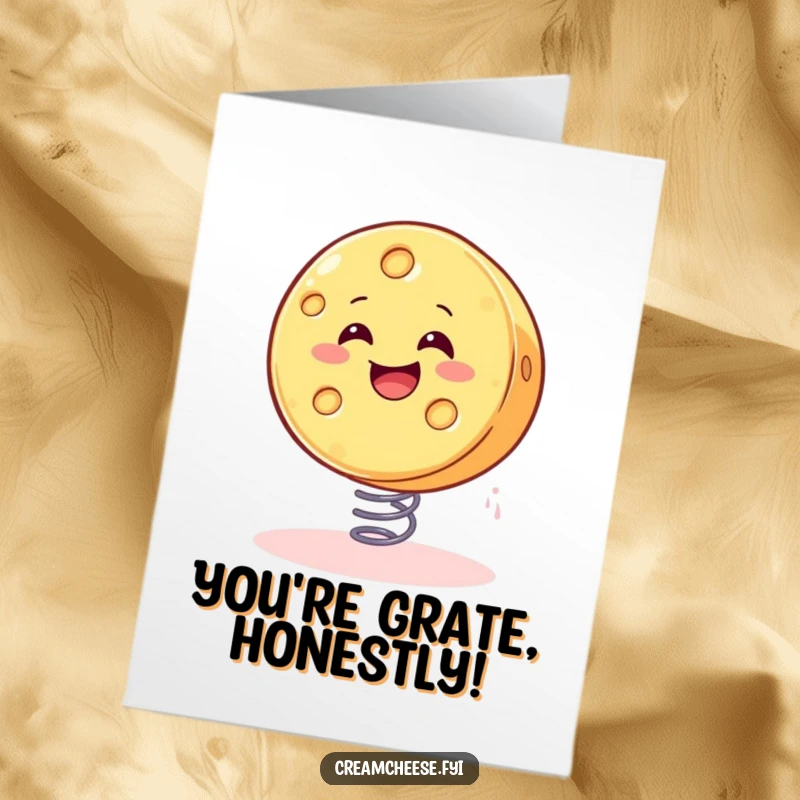 Funny Free Printable Congratulations Card: A smiling cheese wheel bouncing on a spring, symbolizing great success, gift.