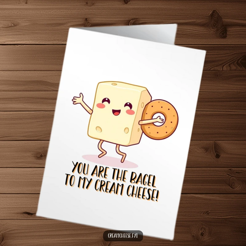 Funny Free Printable Congratulations Card: A smiling cream cheese block with legs happily dances and celebrates with a bagel.