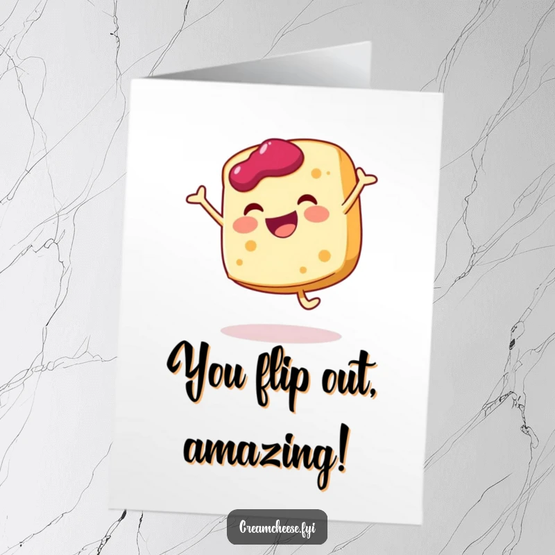 Funny Free Printable Congratulations Card: Joyful cream cheese slice executes a perfect cartwheel with jam, celebrating achievements dynamically.