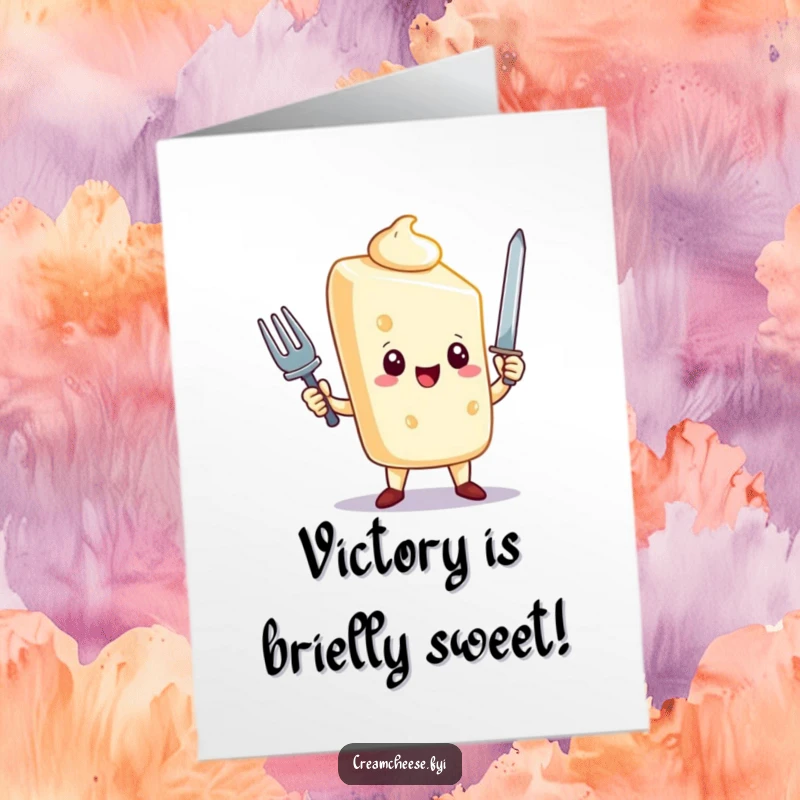 Funny Free Printable Congratulations Card: Triumphant cream cheese character holding a tiny fork sword, celebrating your victory with gusto.