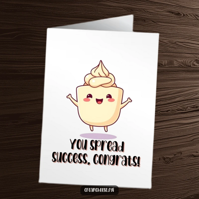 Funny Free Printable Congratulations Card: A happy cream cheese tub with frosting swirling, doing a celebratory wiggle dance.