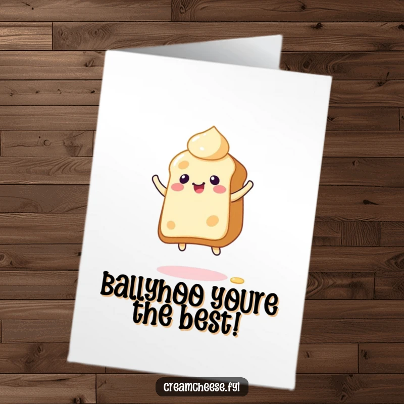 Funny Free Printable Congratulations Card featuring a giddy cream cheese character bouncing enthusiastically on toast, celebrating success.