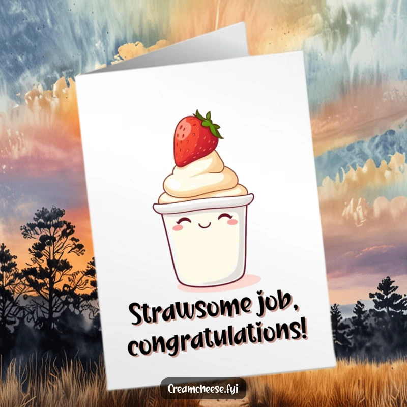 Funny Free Printable Congratulations Card: A giggling cream cheese tub sports a strawberry on its lid, celebrating with amusement.