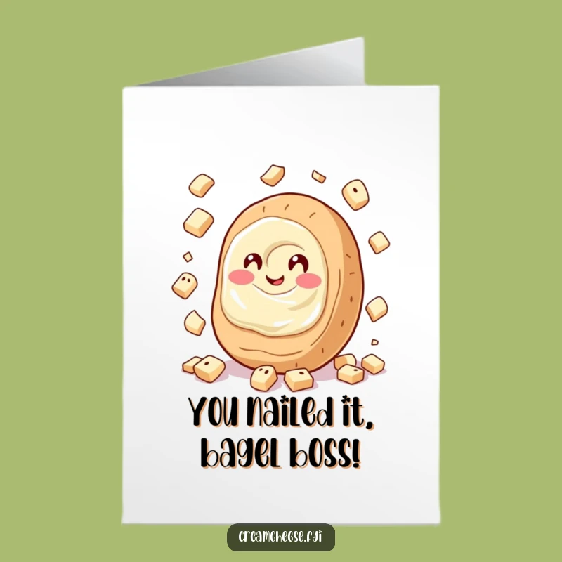 Free Printable Congrats Card: Juggling Cream Cheese, Bagel Fan Celebration Downloadable