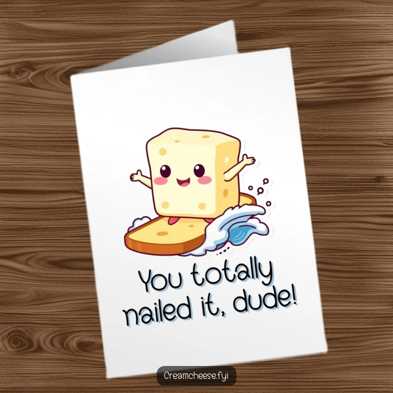 Funny Free Printable Congrats Card: Cream cheese block rides a toast wave, celebrating success with cheesy, downloadable congratulations.