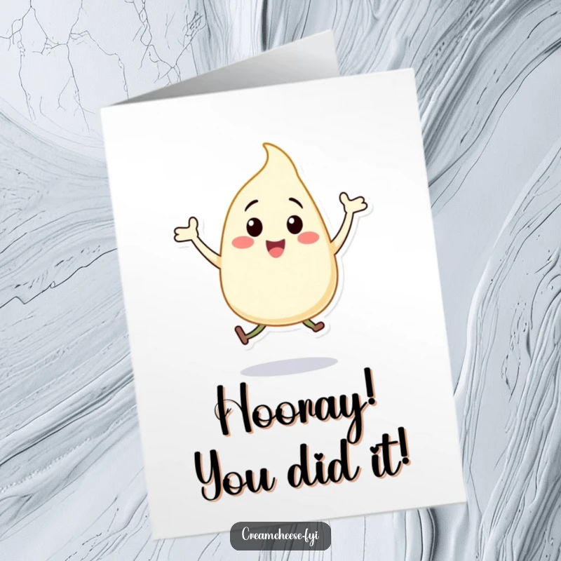 Funny Free Printable Cream Cheese Dollop Congratulations Card, a happy character doing jumping jacks to celebrate their amazing achievements.