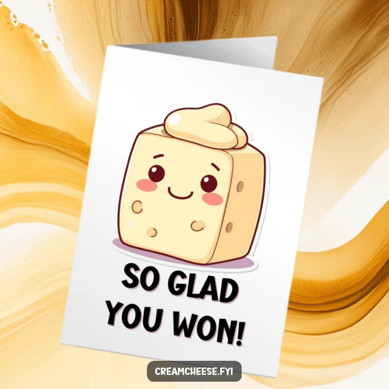 Funny Free Printable Cream Cheese Block Congratulations Card, a blocky character with a welcoming smile, celebrating achievements.