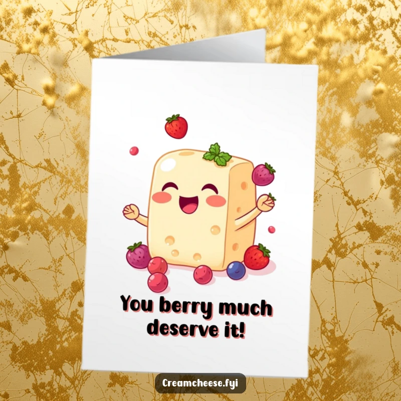 Funny Free Printable Congratulations Card: Joyful block of cream cheese expertly juggles sweet berries, celebrating success with glee.