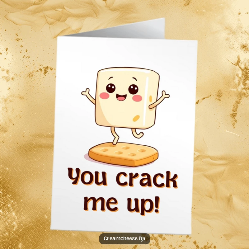 Funny Free Printable Cream Cheese Congratulations Card: A smiling cream cheese with legs bouncing on a cracker, DIY gift.
