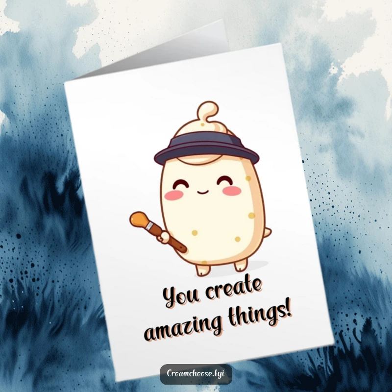 Funny Free Printable Cream Cheese Congratulations Card, a stylized character holding a tiny paintbrush, celebrating artistic achievements.