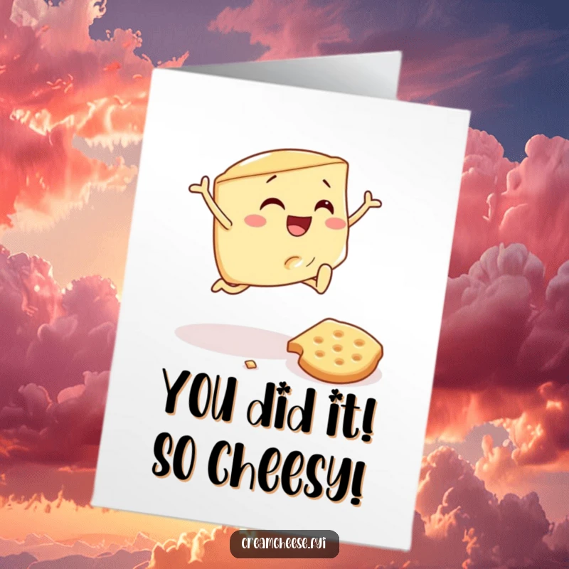 Funny Free Printable Congratulations Card: A joyous cream cheese wedge leaping over a cracker in celebration of success.