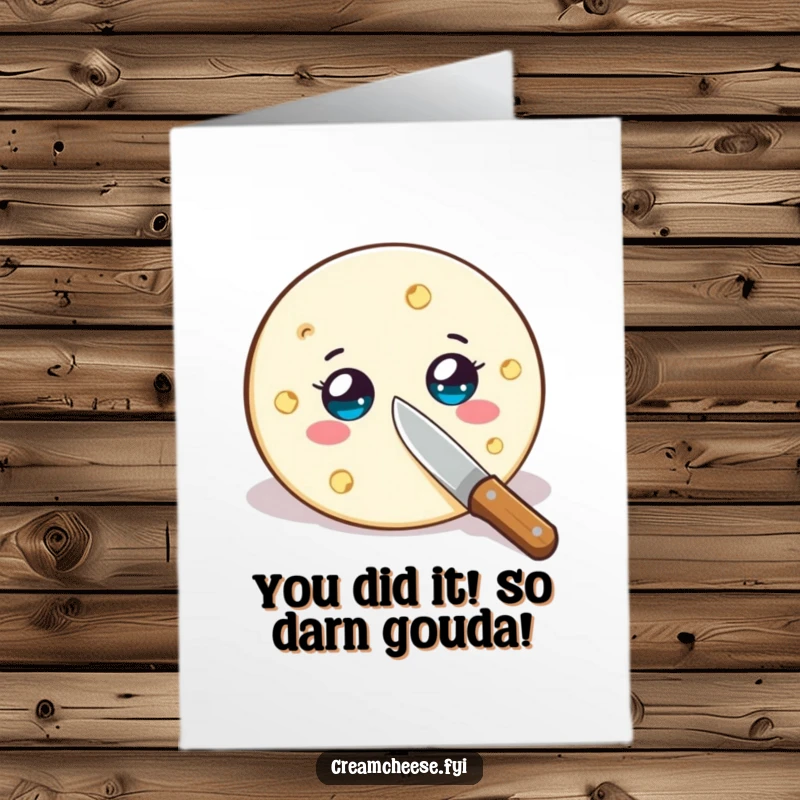 Funny free printable congratulations card showing a cream cheese wheel being sliced, perfect for celebrating any success, a downloadable gift.