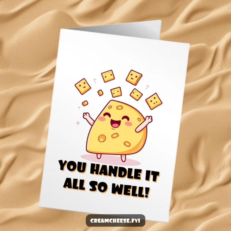 Funny Free Printable Congratulations Card featuring a cheerful cheese wedge expertly juggling miniature crackers.