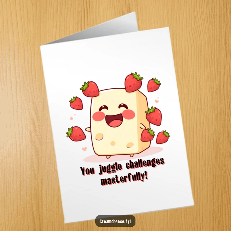 Free Printable Congratulations Card featuring an excited cream cheese block juggling tiny strawberries, celebrating a successful feat.