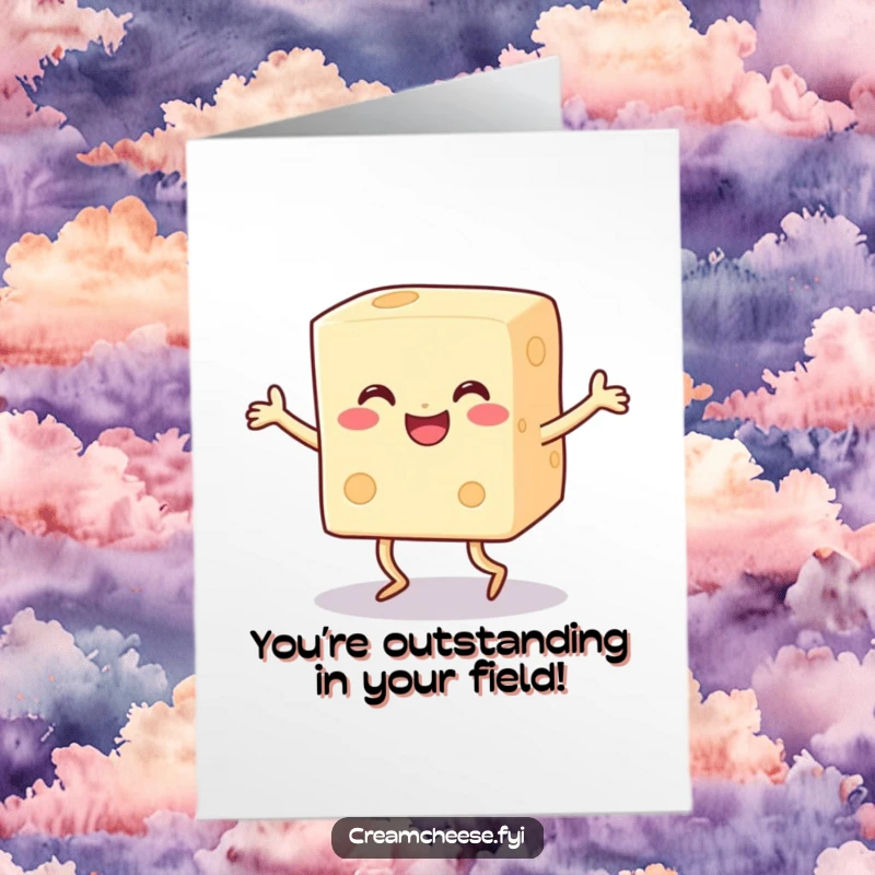 Funny free printable congratulations card showing a happy cream cheese block with legs dancing joyfully.