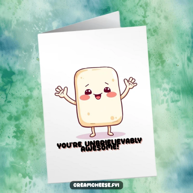 Funny free printable congratulations card featuring a dancing cream cheese bag enthusiastically waving, celebrating good news.