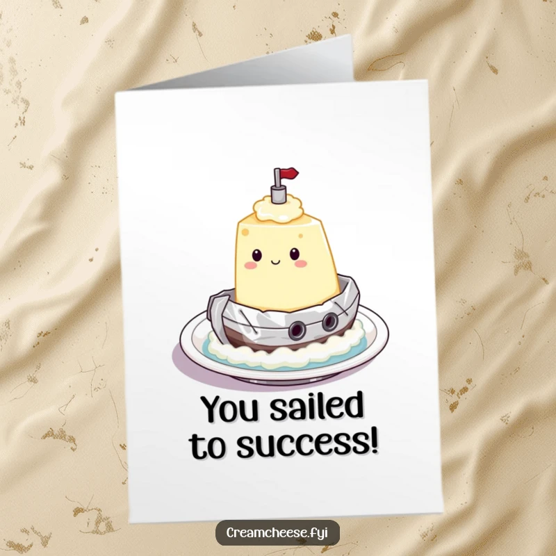 Funny Free Printable Congratulations Card featuring a cream cheese character in a foil tugboat sailing across a plate, symbolizing a successful journey.