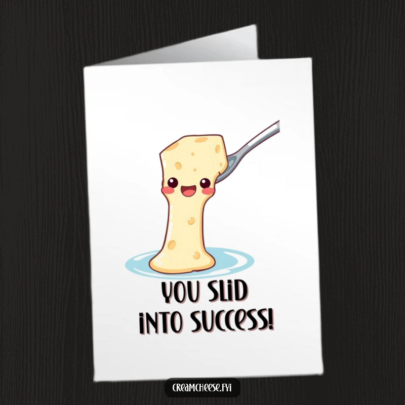 Funny Free Printable Congratulations Card: A joyful cream cheese block gleefully rides a spoon waterslide, celebrating success.