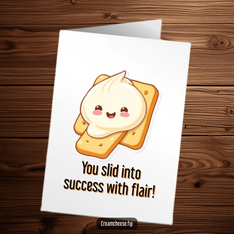Free Printable Congratulations Card featuring a delighted cream cheese dollop sliding down a cracker, symbolizing a smooth success.
