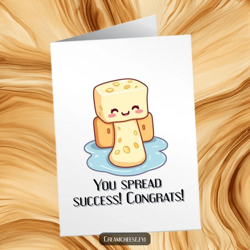 Funny Free Printable Congrats Card: Cream cheese character celebrating a successful slide down a cracker waterslide.