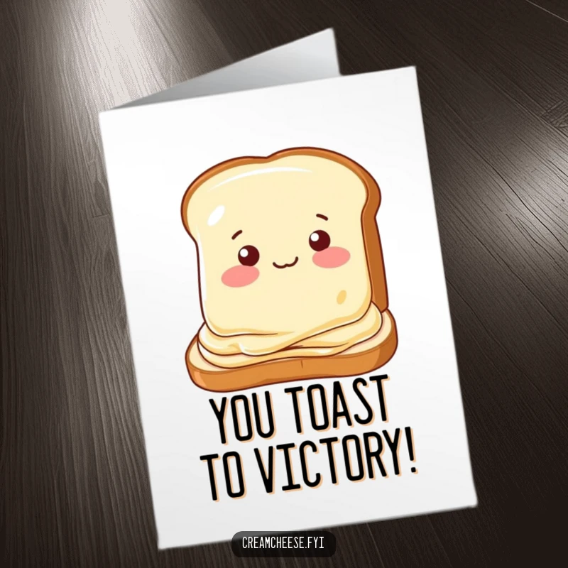 Funny Free Printable Congrats Card: Cream cheese slice winking playfully while being spread onto toast.