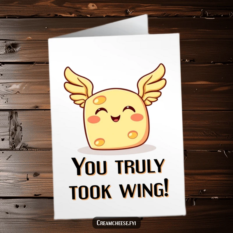 Funny Free Printable Congratulations Card featuring a cheese slice with tiny wings, celebrating a big win.