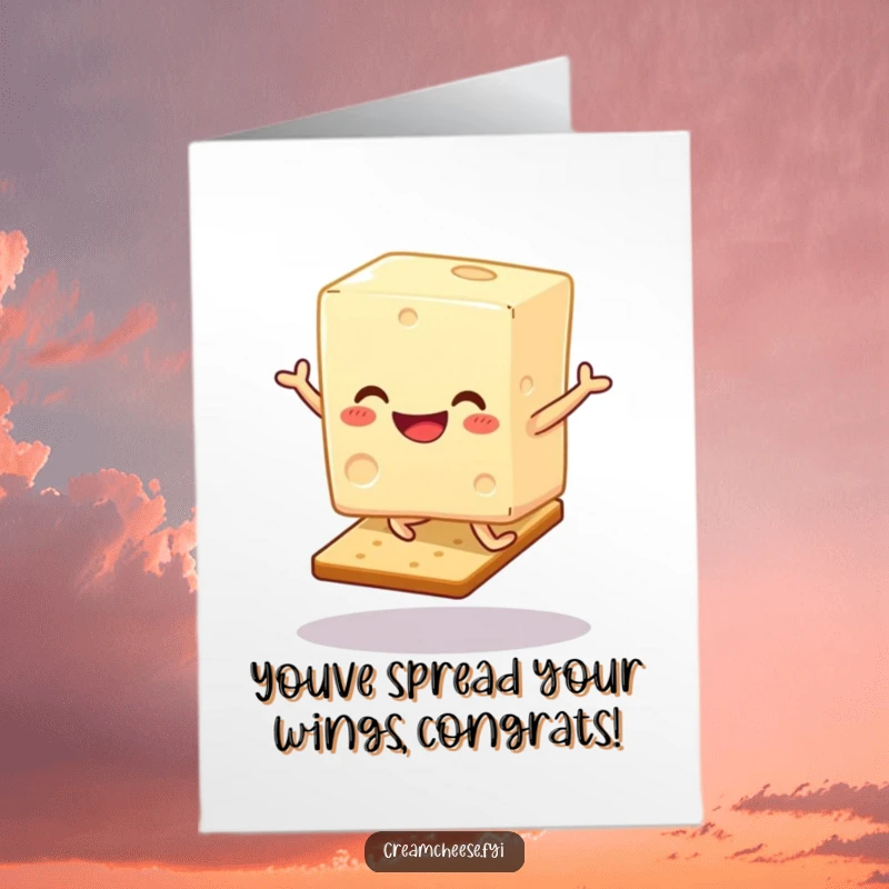 Funny Free Printable Congratulations Card: Cream cheese block hops happily on a cracker, celebrating success with a playful dairy twist.