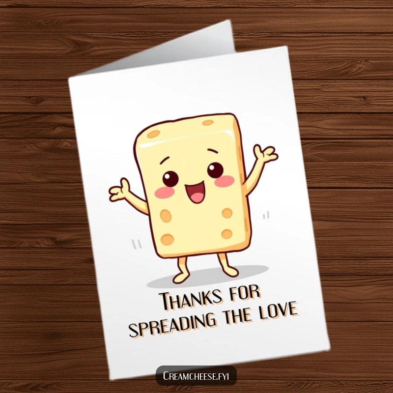 Funny free printable thank you card with a cream cheese block character doing a silly, happy dance.