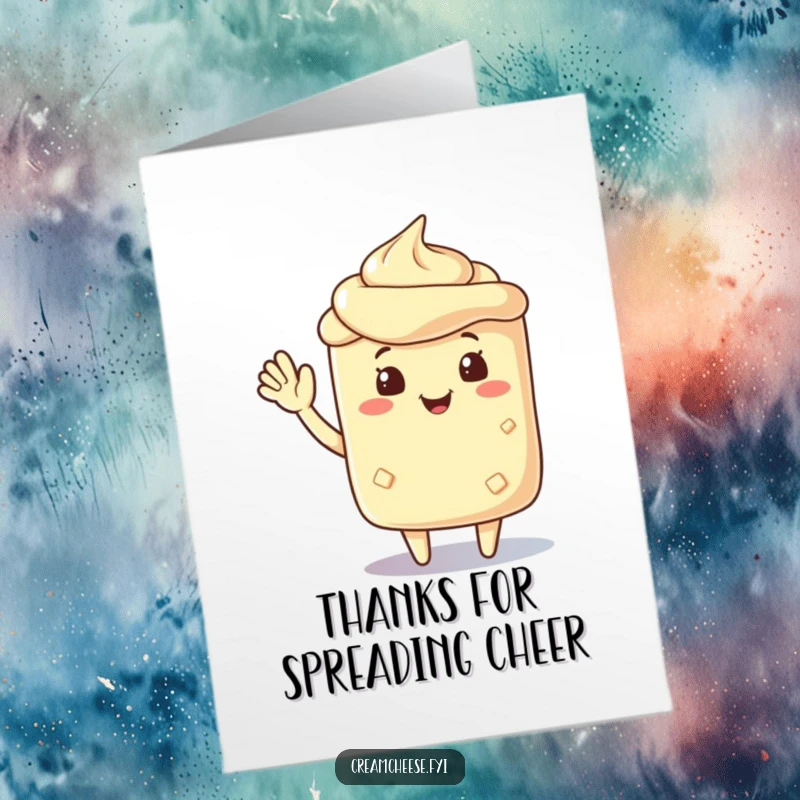 Funny Free Printable Thank You Card: A friendly cream cheese spread character waves cheerfully. A sweet and downloadable thank you.